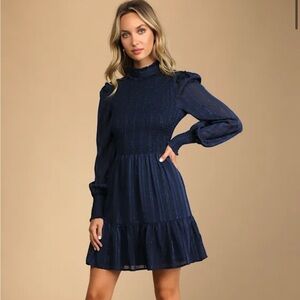 Lulu's Navy Ruffle Long Sleeve Dress